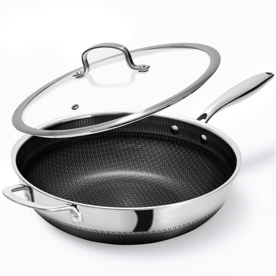 USELUCK Wok Pan,Hybrid 12 inch Wok with Lid Stainless Steel Wok