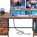 Furologee 61" Computer Desk with Power Outlet and LED Lights, Desk with Fabric File Cabinet Drawer, Large Reversible Table with Shelves and Monitor Stand, Writing Study Table for Home Office (Rustic Brown)