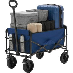 OLIXIS Wagon Cart Collapsible, 330lbs Capacity, Blue | 102L Lightweight, Foldable Utility, Detachable Brake Wheels, Flexible Handle for Beach Grocery Camping Shopping Sports Yard