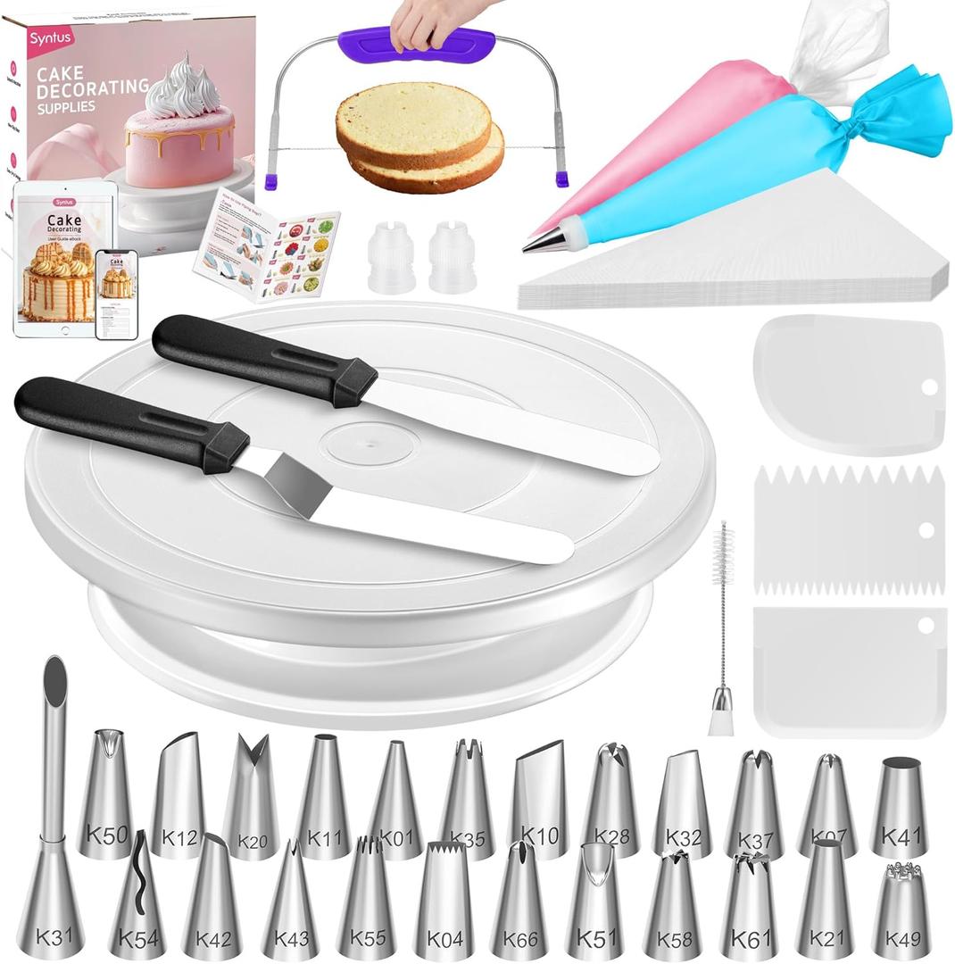 Syntus 65 PCs Cake Decorating Kit with Cake Stand Turntable, Cake Baking Supplies 30+1 Piping Bags, 24 Piping Tips, Offset & Straight Spatulas, 3 Scrapers, Leveler, 2 Couplers & 1 Tips Brush (White)