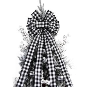 Christmas Checked Tree Topper,48x13 Inches Large Toppers Bow,Black and White Plaid Buffalo Decorative Bows for Christmas Decoration (Black and White Plaid)