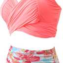 Women High Waisted Swimsuit Halter Triangle Bikini Mold Cup Swimwear Push Up Bathing Suit (Pink, L)