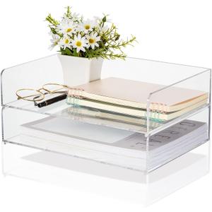 Yulejo 2 Pcs Stackable Acrylic Desk Organizers Paper Tray Storage Tier Accessories Paper File Office Organizer Tray Stackable Document Clear Desk Accessories for Office Workspace Organization