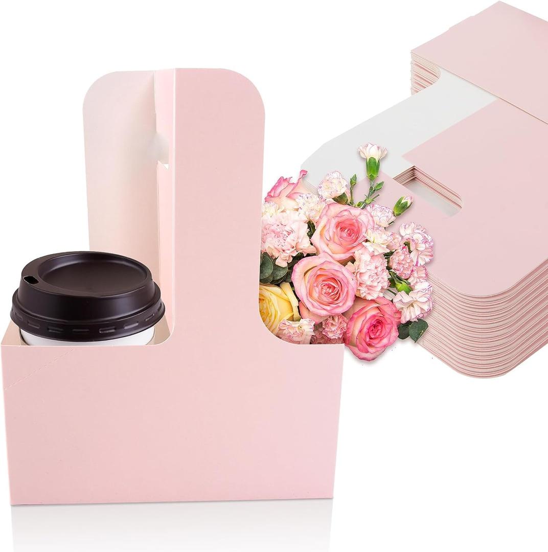 MAQIHAN 2 Cup Drink Carrier with Handle - 12Pcs Disposable Paper Cardboard Coffee Cup Holder Portable Drink Caddy Cup Carriers Foldable to go Cup Holder Food Delivery Accessories for Hot/Cold Drinks (Pink)