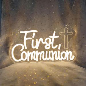 First Communion Neon Signs for Wall Decor, Neon LED Sign Baptism Decorations 1st Communion Decorations Primera Comunion First Holy Communion God Bless for Baptism Party, 13.3" x 7.7"