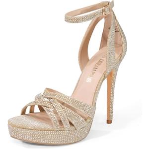 DREAM PAIRS Women's Platform Stiletto Heels Open Toe Ankle Strappy High Heels Fashion Wedding Dressy Pump Sandals Shoes (10, Gold-glitter)