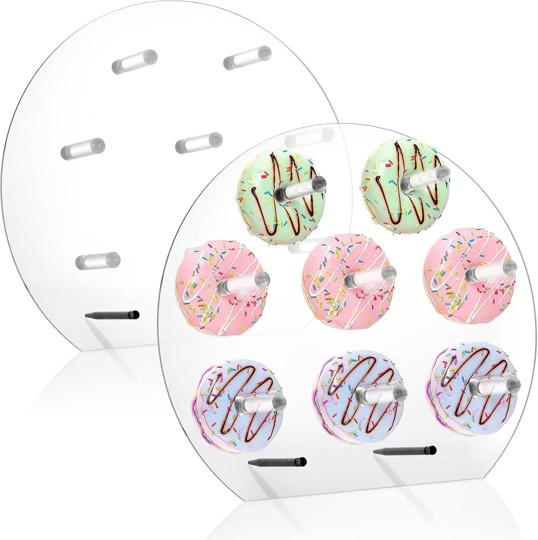 Yesland 2 Pack Clear Acrylic Donut Display Stand, Round Board Holder with 16 Pillars, Freestanding Dessert Rack for Wedding, Party, Birthday, Christmas