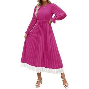 ZESICA Women's Spring Long Sleeve Chiffon Dress Casual Crew Neck Pleated A Line Flowy Midi Dresses with Belt (Medium)