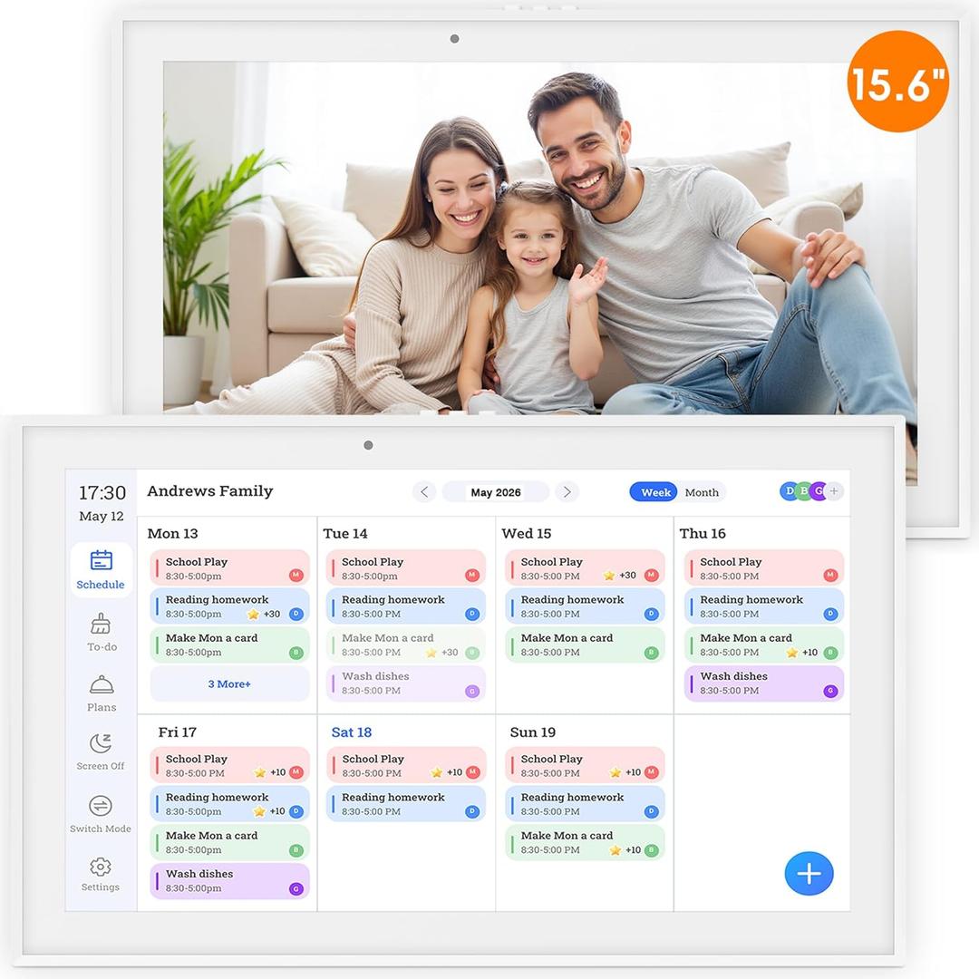 Electronic Digital Calendar and Chore Chart Planner Wall Touch Screen Display 3 Modes for Family Sharing Wall Mount Included, Electric Smart WIFI Touchscreen Home Calendar Tablet for Fridge (Premium White, 15.6'')