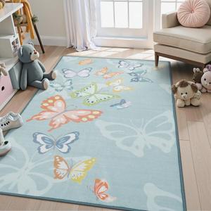 STARUIA Girls Rugs for Bedroom, 3x5 Washable Kids Rugs for Playroom, Non Slip Soft Kids Room Nursery Butterfly Rug, Non Shedding Baby Carpet for Daycare Castle Dorm Indoor Decor(Blue,3'x5')