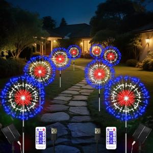8 Pack 4th of July Decorations Outdoor Solar Firework Lights, Timer Remote Red White and Blue Lights with 8 Modes, Waterproof Solar Stake Pathway Light for Garden Yard Lawn Patio Patriotic Party Decor