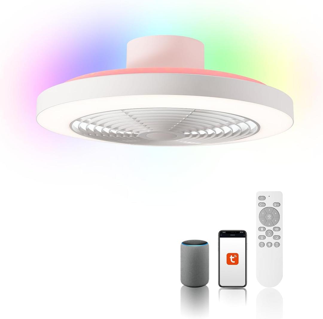Orison Smart Bladeless Low Profile Ceiling Fan with LED-RGB Ambient Lighting Compatible with Alexa/Google Assistant/App Control, 6-Speed Color Change, Quiet Operation with Remote &App,19.7" (White)