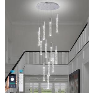 Modem Crystal Foyer Chandelier 12-Lights, Silver Large High Ceiling Spiral LED Raindrop Staircase Pendant Lighting, Bubble Staircase Living Room Hanging Light Fixture Flush Mount