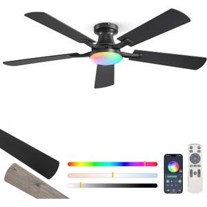 ZMISHIBO 52 Inch RGB Ceiling Fan with Light, App&Remote Control, Flush Mount Low Profile, Dimmable 20W LED Light, Quiet Reversible Motor for Bedroom, Living Room, Apartment, Black