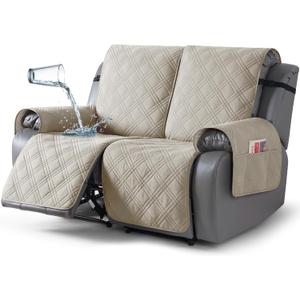 TAOCOCO 100% Waterproof Loveseat Recliner Cover, Non Slip Split Loveseat Covers for Reclining Loveseat with Elastic Straps, Washable Recliner Chair/Furniture Protector for Kids Pets(2 Seater, Cream)