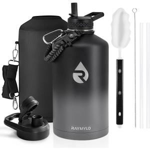 RAYMYLO One Gallon Water Bottle Insulated, Triple Walled Vacuum Stainless Steel (Cold for 48 Hrs), Leak Proof & Non-BPA, Large Water Flask Jug with Paracord Handle & Straw Spout Lids