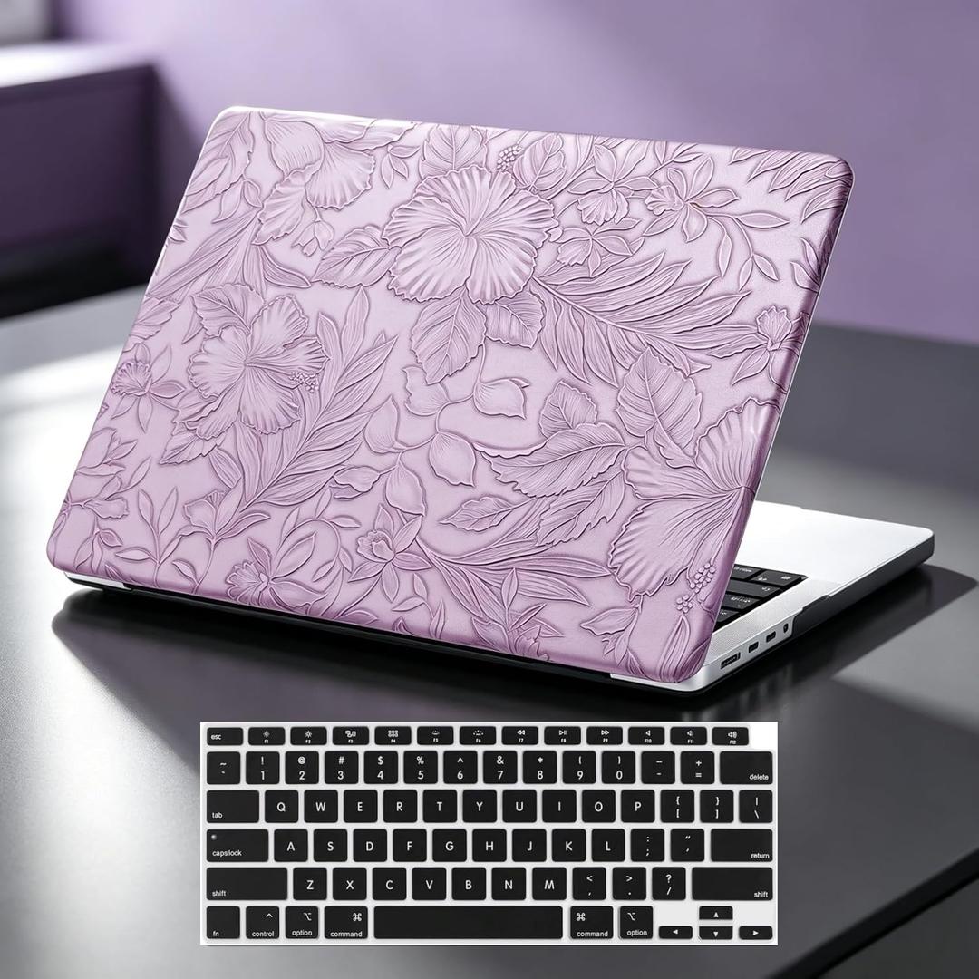 Floral Logo Cutout Case for MacBook Neo 13 inch 2026 A3404 A18 Pro Chip | Elegant Textured Mac Neo Case Retro PU Leather Hard Shell Case for MacBook Neo 2026 Case & Keyboard Cover, Lilac