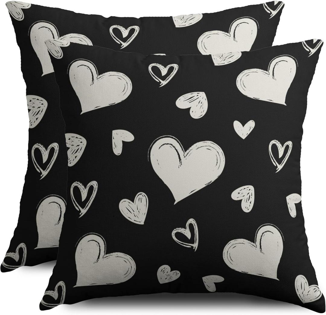 Black Cream White Valentines Pillow Covers 18X18 Set of 2, Valentine's Day Love Heart Print Decorative Throw Pillow Covers Outdoor Farmhouse Holiday Decorations Cushion Case Couch Sofa Bed Decor