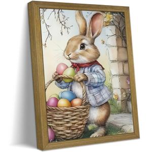 Framed Easter Bunny Wall Art, Cute Rabbit Easter Eggs Canvas Print Paintings, Vintage Holiday Decor Oil Painting, Rustic Farmhouse Spring Animal Wall Decor for Living Room Bedroom Nursery 16x24 Inch