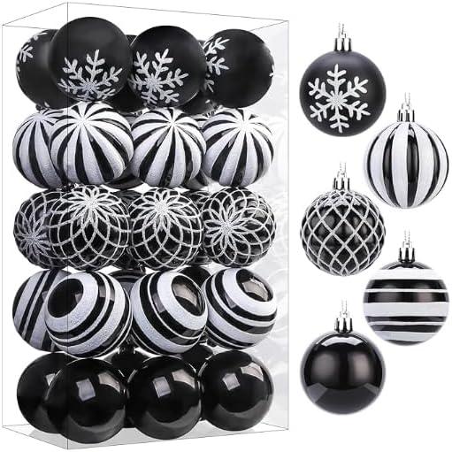 SHareconn 30ct 2.36 Inch Christmas Tree Balls Ornaments, Colored Shatterproof Plastic Decorative Baubles Decorations for Xmas Tree Decor Holiday Party Wedding Decoration (Black & White, 60mm)