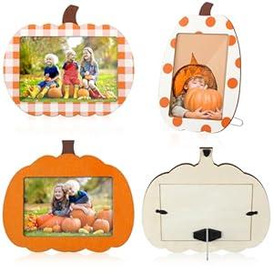 Burbell 3 Pcs Fall Pumpkin Picture Frame 4 x 6 Inch with Natural Raffia Sweet Orange Wooden Photo Frame Decoration for Fall Thanksgiving Autumn Home Table Tabletop(Harvest Style)