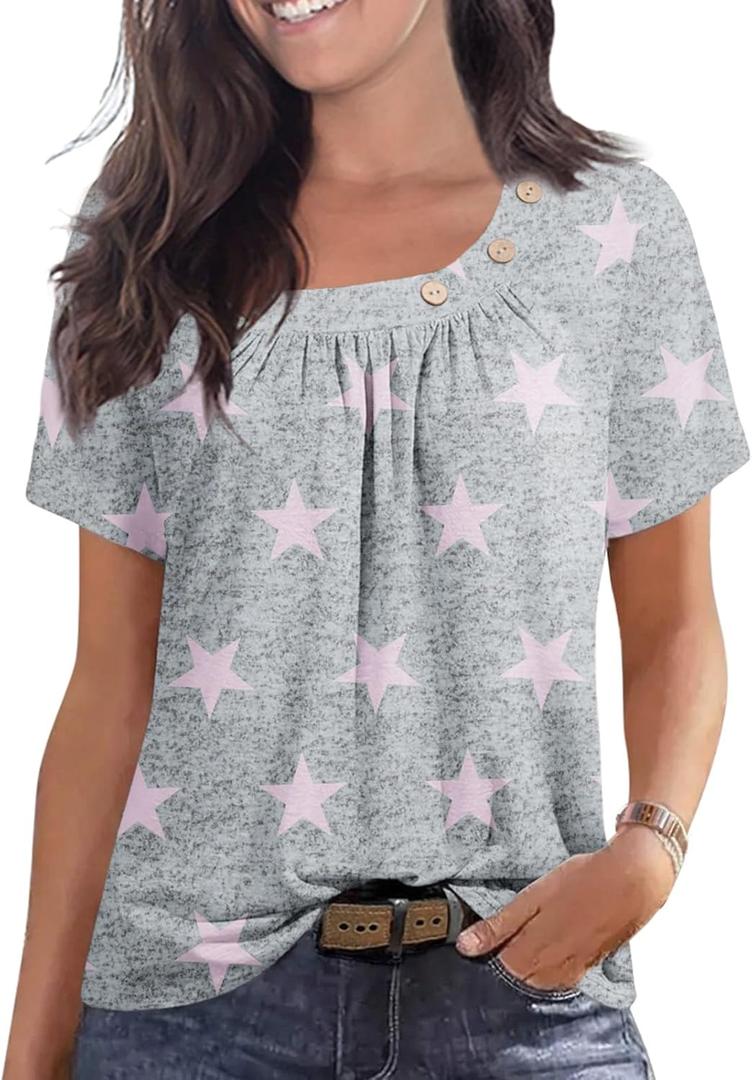 PrinStory Womens Short Sleeve Tops Summer Fashion Irregular Neck Knitted Tunic Tops Casual Loose Pullover Shirts (Small, Fp Pink Star)