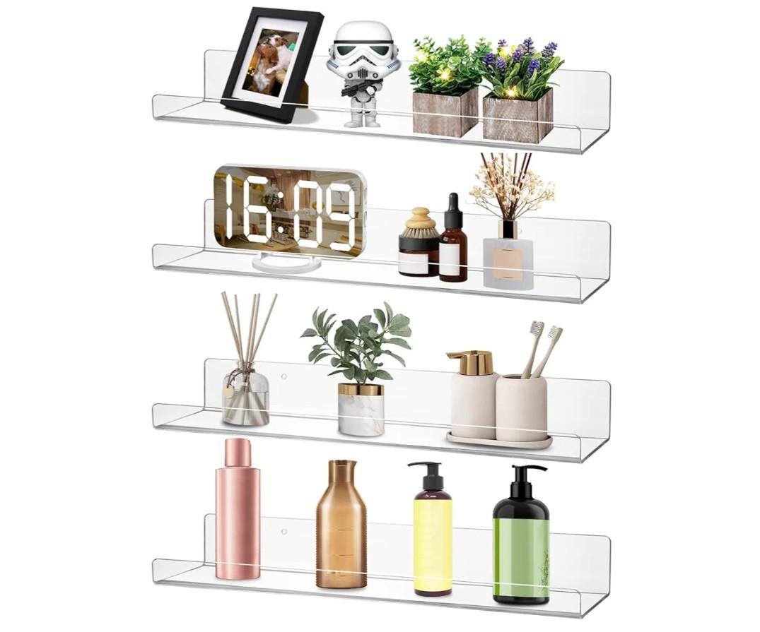 Dezzer 4 Pack Acrylic Shelves for Wall, 15" Clear Acrylic Floating Shelves for Bathroom Bedroom, Invisible Bookshelf Wall Ledge Storage Shelf Books Perfume Toys Action Figure Display Shelves