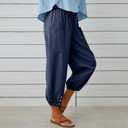 Cotton Casual Capri for Women Elastic High Waisted Loose Lantern Tapered Harem Pants with Pockets