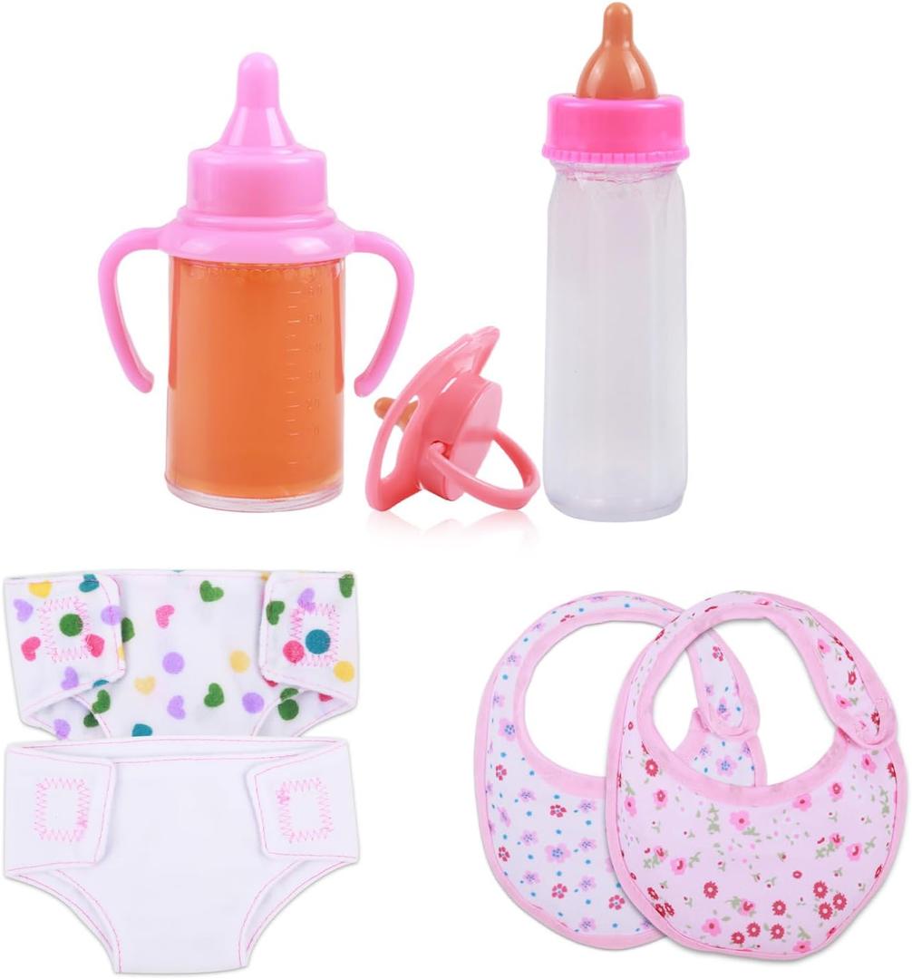 CARANOVO Baby Doll Accessories Set 7 Pcs Feeding and Caring Set with Magic Disappearing Bottles, Pacifier, Diapers and Bibs Doll Pretend Play Gift for Kids