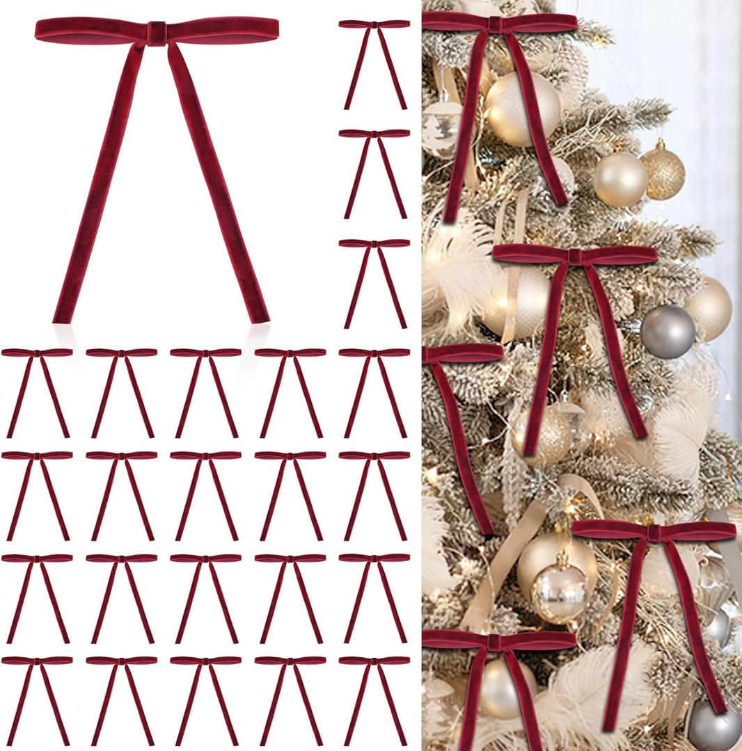 24 Pcs Red Velvet Christmas Ornaments, Rustic Velvet Bows for Christmas Tree, 5x7 Inch Pre-Tied Vintage Xmas Bows for Wreaths, Gifts and Holiday Home Dcor, Ribbon Bows for Garland (3/8")