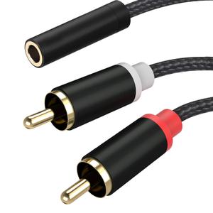 3.5mm Female to 2 RCA Male Stereo Cable, 3.5mm to RCA Bi-Directional AUX Auxiliary Y Cable Gold Plated Adapter Compatible for TV,Smartphones, MP3, Tablets, Speakers,Home Theater (0.35M/1.1FT, Black)