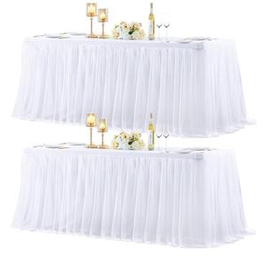 2 Pack White Table Cloth for 6 Foot Rectangle Tables, White Stretch Fitted Tulle Table Covers Skirt, Rectangular Ruffle Tutu Tablecloth Wedding Banquet Baby Shower Cake Tablecloths Decorations