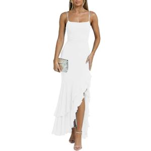 Kaximil Women's Sexy Spaghetti Strap Maxi Dresses Ruched Bodycon Ruffle Mermaid Cocktail Wedding Guest Dress 2026 (Medium, White)