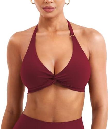 YEOREO Halter Sports Bras for Women Low Impact Removable Padded Adjustable Deep V Bra Seamless Workout Gym Crop Tops.S