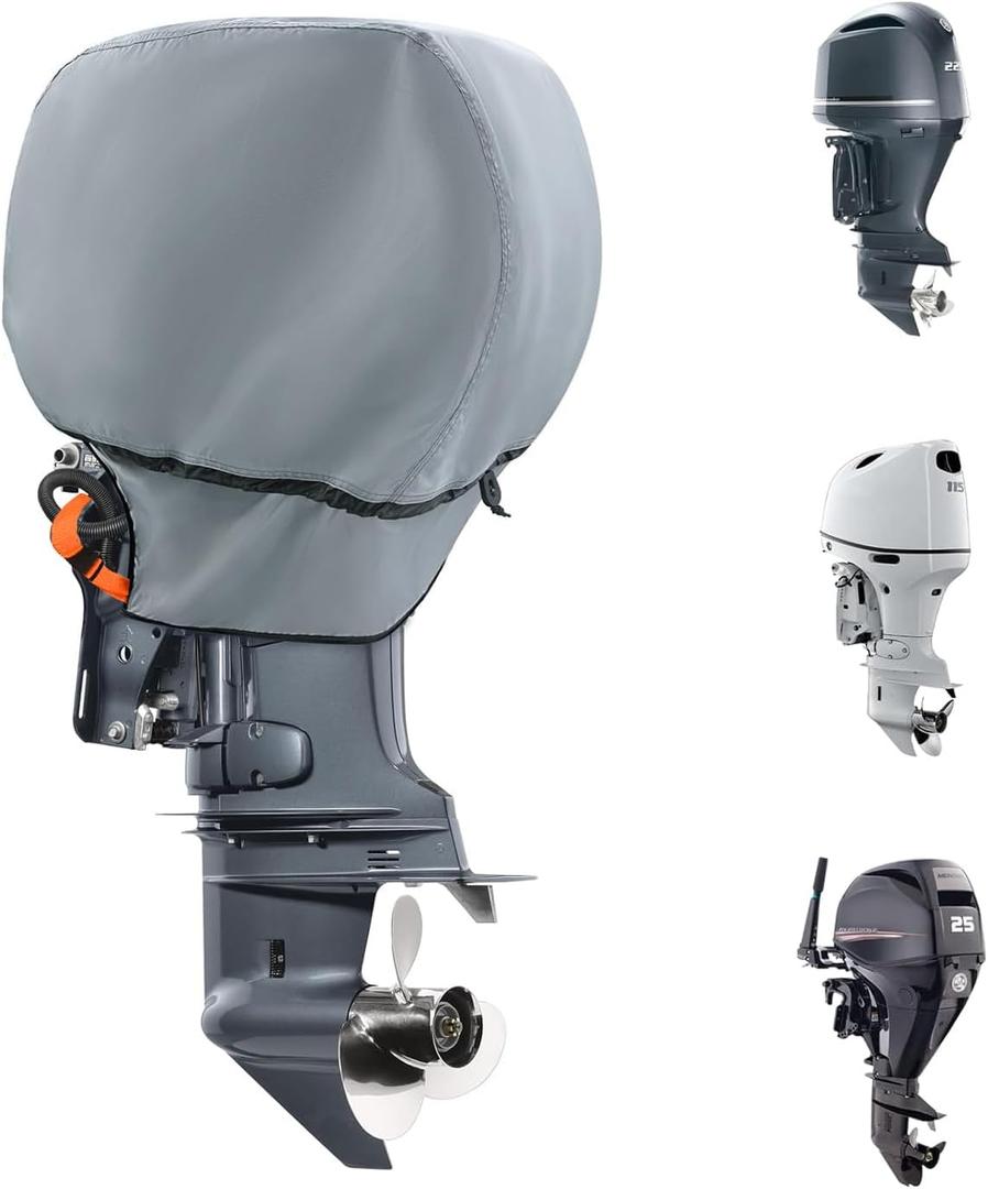 Waterproof Outboard Cover, 1200D Heavy Duty Waterproof Outboard Cover, Boat Engine Hood Cover (Grey, 25-50 HP)
