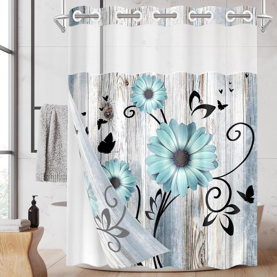 No Hook Teal Flower Shower Curtain with Snap in Fabric Liner Set, Daisy Rustic Farmhouse Double Layers Waterproof Fabric with See Through Top Window Open Grommet Bath Curtain 71x86 Inch