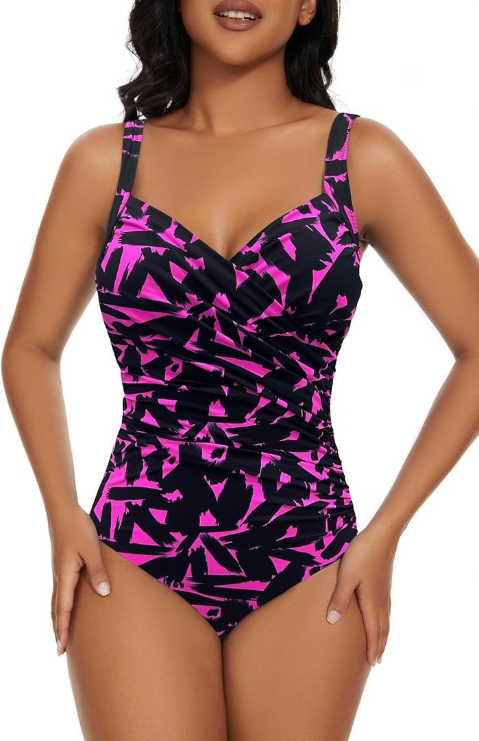 Aqua Regina Plus Size Swimsuit for Women One Piece Bathing Suit Ruched Tummy Control Adjustable Swimwear (Pink/Black), Size: Large