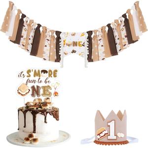 SMore 1st Birthday Party Decorations Brown, SMore One High Chair Banner First Birthday Hat/Crown Cake Topper, One Year Old Party Supplies Photo Prop