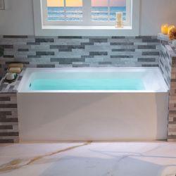 LB428-L 60" Acrylic Rectangular Alcove Soaking Bathtub in White with Left Drain, Brushed Nickel pop-up Drain Included