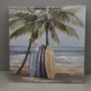 Coastal Canvas Wall Art Picture: Abstract Beach Scene Tropical Print Surfboard Palm Tree Painting Ocean Sea Artwork Decor for Bedroom Home Office 24 x 24 Inch