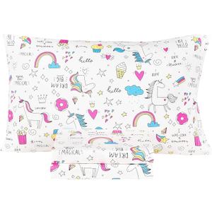 Scientific Sleep Unicorn Like Doughnut Rainbow Cake Popcorn 100% Cotton Cozy Twin Bed Sheet Set, Flat Sheet & Fitted Sheet & Pillowcase Kids Boys Girls Bedding Set
