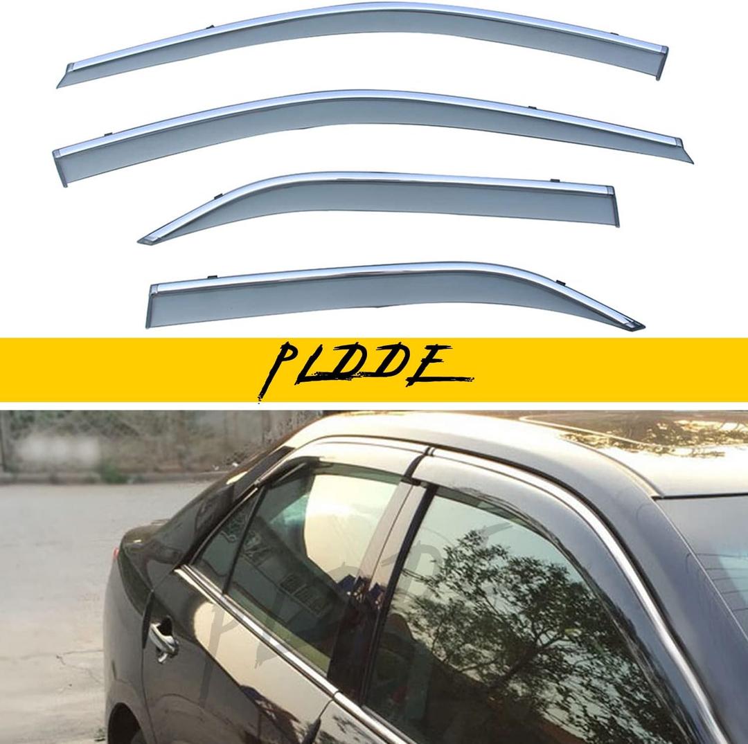 4pcs Smoke Tint with Chrome Trim Outside Mount Tape On/Clip On Style PVC Sun Rain Guard Window Visors Compatible with 2012-2014 Toyota Camry