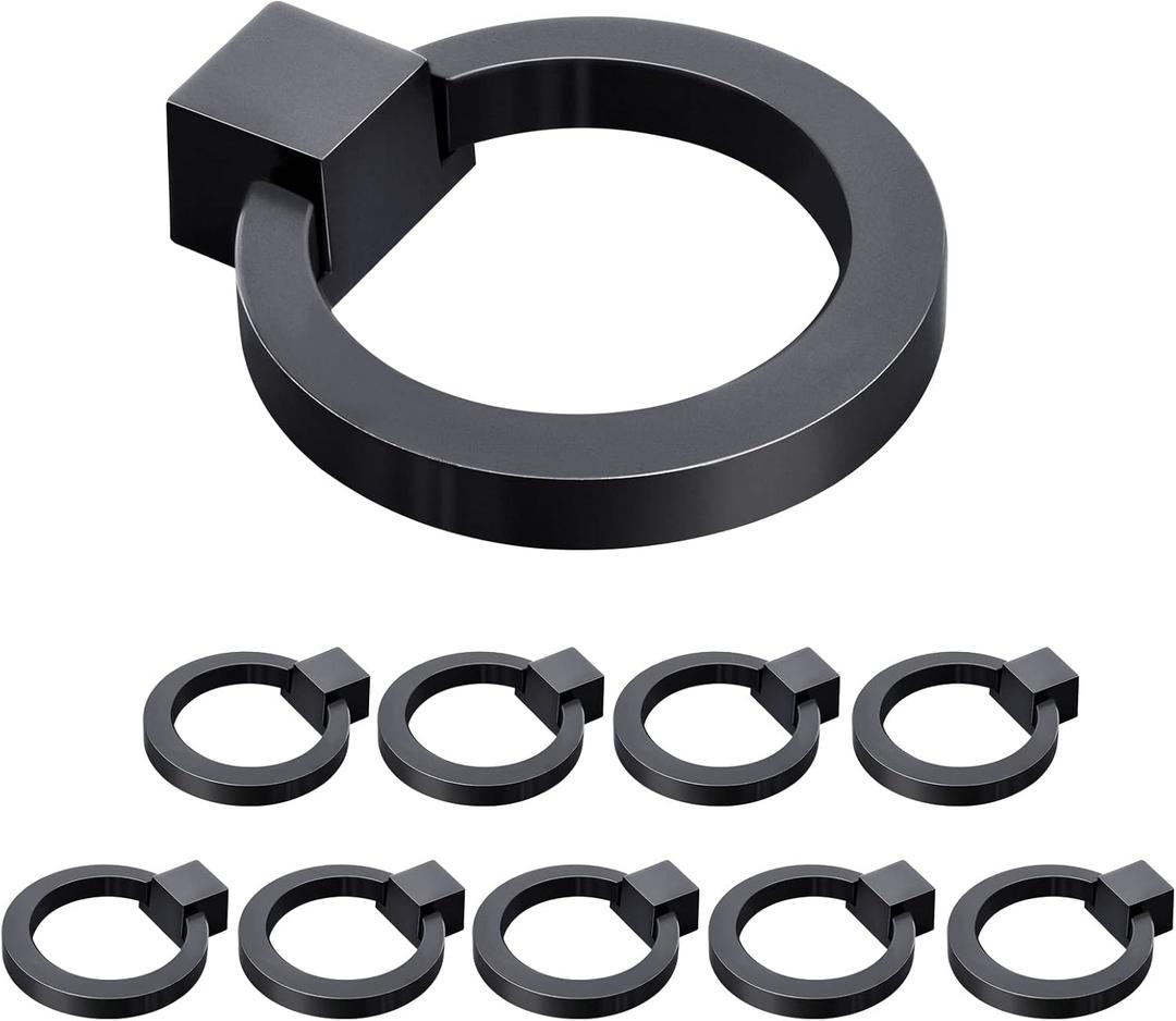 WEAVERBIRD Round Zinc Alloy Cabinet Knob Matte Black Ring Pull Handles Single Hole for Kitchen Drawer, 1.57" Diameter- Pack of 10