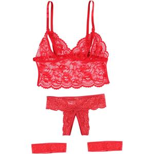 Womens Sexy Floral Lace Lingerie Set - Unlined Bra & Mesh Thong with Belt 3 Piece (Medium, Red)
