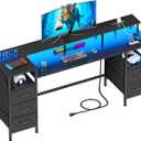 61 Inch Computer Gaming Desk with Power Outlets & LED Lights Reversible Home Office Desk with Adjustable 5 Fabric Storage Drawers for Working Writing Study, Black