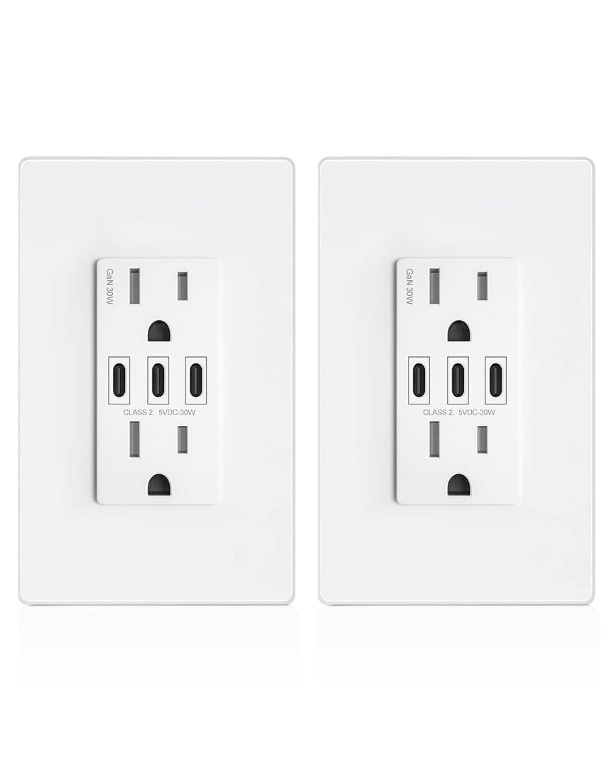 GaN 30W 6Amp 3-Port USB Wall Outlet, 15 Amp Tamper-Resistant Receptacle with 3 USB Type C Port, USB Charger for iPhone/iPad/Samsung/LG/HTC, UL Listed - 2 Pack