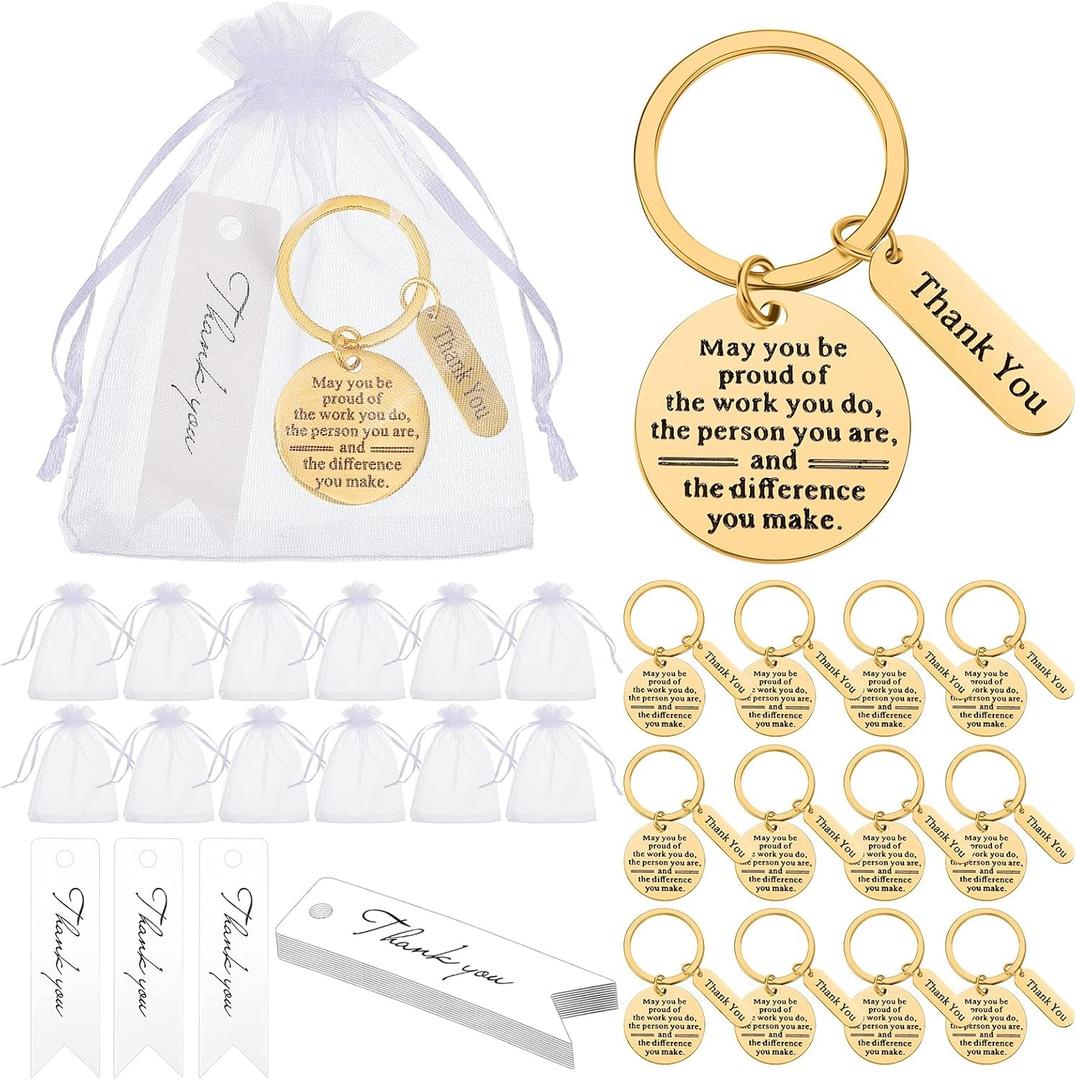 Yinkin 12 Sets Employee Appreciation Gifts Bulk for Coworkers Keychains Organza Bags with Cards for Staff Christmas Favors(Gold)