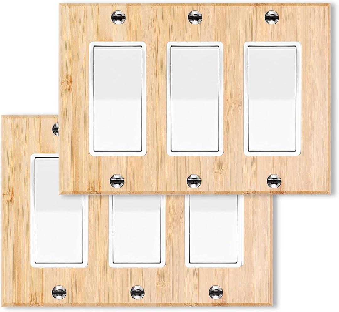 2PC Solid Wood Double Rocker Light Switch Plate 4.5" X 6.3" Bamboo Light Switch Cover Quality Raw Wooden Decorative Bedroom Kitchen Home Decor (Double Rocker)