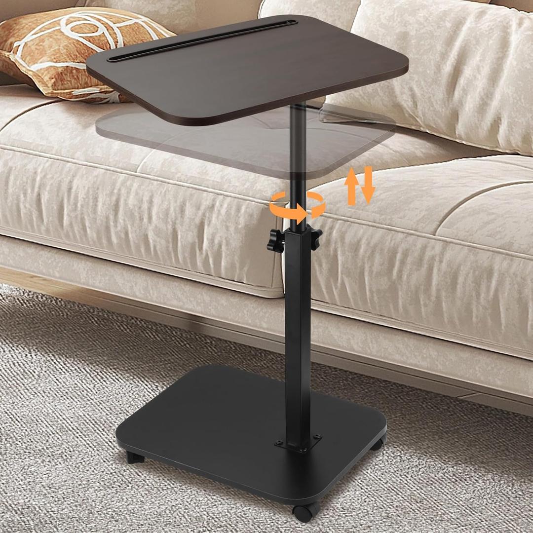 Sofa Armrest Tray Table for Couch, TV Tray Table 360 Flip-Over Panel Design & 360 Swivel Casters Swivel, C Shaped Sofa Side End Table for Couch, Bed, Chair, Living Room(Walnut)