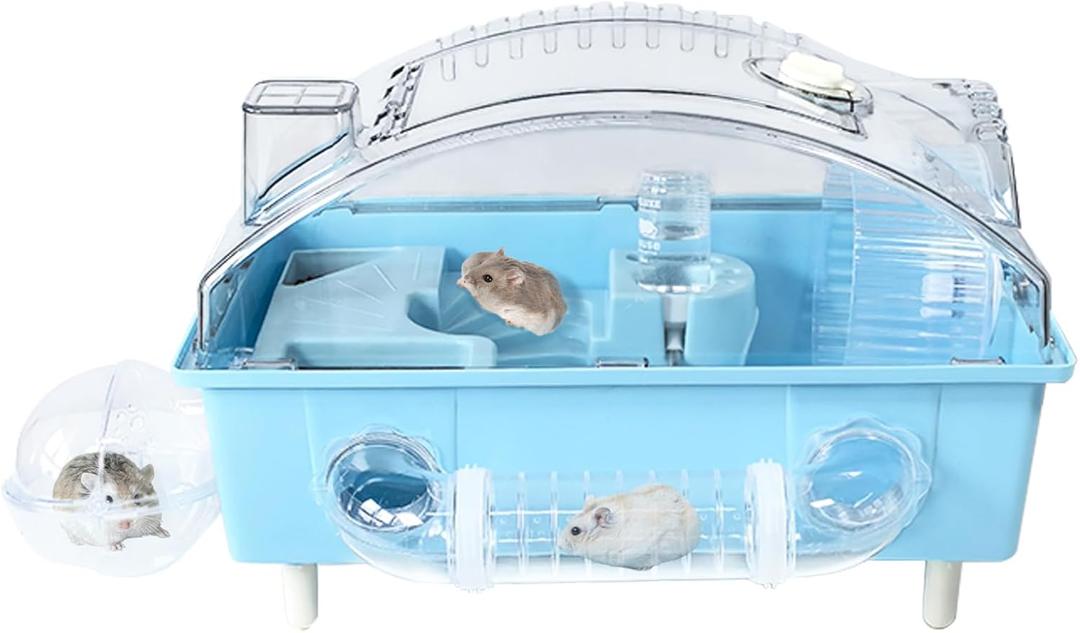 Tfwadmx Dwarf Hamster Cage,Acrylic Rat Cage,Hamster Home Small Animal Cages with Tube Exercise Wheel Mouse Habitat for Gerbils Mice 17.7x11x11.8, Blue